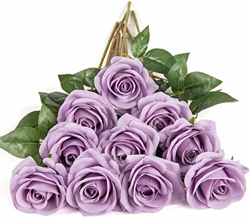 DuHouse Artificial Roses Fake Silk Flowers Bridal Bouquets with Single Long Plastic Stems for Arrangement Wedding Table Centerpiece Party Home Decor (10pcs Blossom Rose,Black)