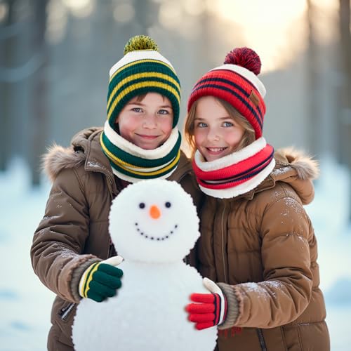 Image of Kids Winter Hat Gloves Scarf Set: Girls Boys Beanie Fleece Lined Ages 6-10