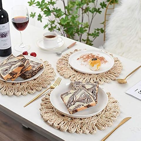 IcosaMro Round Woven Placemats for Dining Table 11.8 Inch Set of 6 Natural Braided Rattan Tablemat Hollow Wicker Charger Plates for Holiday Christmas Kitchen Table Mat, Beige Cover