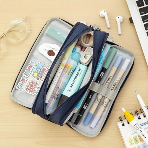 Image of Canvas Large Capacity Pencil Case with 3 Compartments, Metal Zipper Pen & Pencil Pouch for School, College, Office, Boys & Girls, Travel Stationery Bag Organizer (Blue)