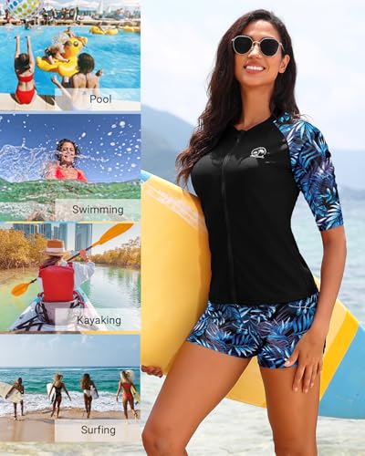 Holipick Women 2 Piece Rash Guard Swimsuit-Short Sleeve Swim Shirt with Shorts Full Zipper SPF Modest Swimwear4