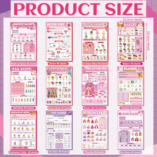 Image of Eaasty 12 Pack Kids Pretend Play Notepads 4x12 Inch,Girls | 6 Career Themes Pink Princess Makeup Nail Hair Flower, 40 Pages per Notepad for Toddlers Imaginative Activity and Learning