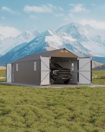 Image of GarveeLife 12x25 ft Metal Carport, Enclosed Car Port with Vertical Steel Roof for All-Weather Use, Metal Garage Shed with Man Door for Sedans & SUV, Gray