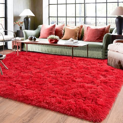 Rugs for Living Room 9x12, Soft Shaggy Modern Shag Area Rug for Bedroom, Upgrade Non-Slip Plush Fluffy Carpet for Kids Boys Girls Room Home Decor Aesthetic, Red