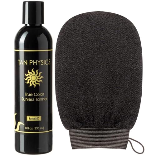 Tan Physics Sunless Tanner 8oz with Exfoliation Mitt– Self Tanning Lotion – Instant Tanning Lotion for Face & Body – Natural Self Tanner for a Streak-Free, Long-Lasting Glow