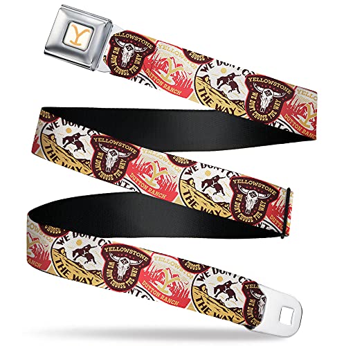 Paramount Network Belt, Seatbelt Buckle Belt, Yellowstone Patches Stacked Browns Reds Yellows, 32 to 52 Inches