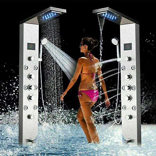 Columna de ducha con sistema de masaje y agua en cascada con grifo mezclador de agua caliente y fría en acabado cepillado miniatura 1