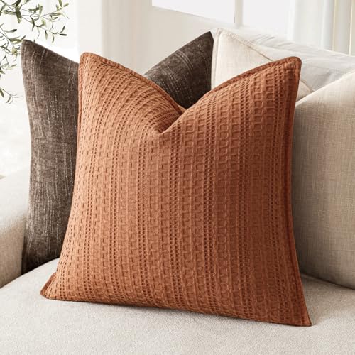 Image of Foindtower Set of 2 Decorative Cotton Waffle Weave Throw Pillow Covers Euro Shams Cushion Covers Accent European Pillowcase for Bed Couch Sofa Bedroom Living Room Home Decor 24x24 Inch Burnt Orange