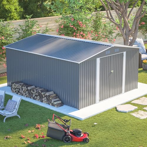 Image of YOPTO 12x14FT Outdoor Storage Shed Metal Shed W /Floor Frame,Garden Tool House W / 4 Air Vents,Lockable Double Doors & Sloped Roof,for Patio,Lawn,Backyard,Light Gray