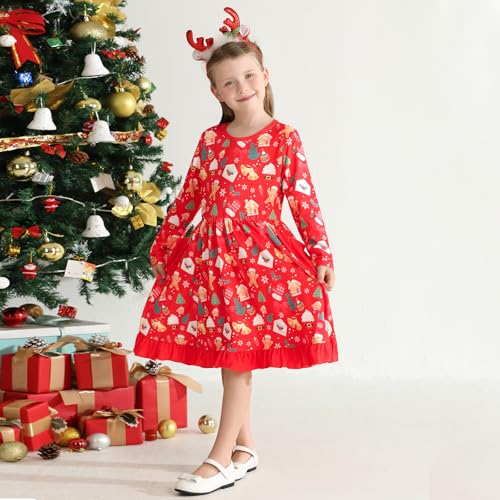 Toddler Baby Girls Christmas Dress Long Sleeve Gingerbread Man Candy Cane Santa Ruffle Pocket Dress Xmas Clothes2