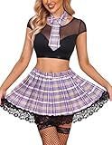 Avidlove Sexy Schoolgirl Lingerie for Women Exotic Roleplay 3 Piece Student Costumes Purple Medium
