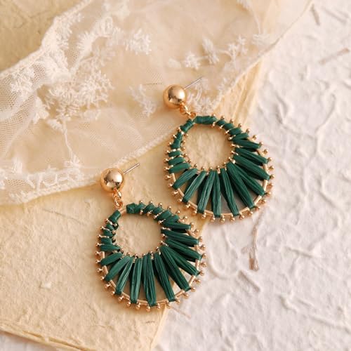 Viva Joya Boho Raffia Teardrop Earrings for Women, Large Statement Drop Dangle Earrings for Prom, Aesthetic Fashion Trendy Jewelry, Handmade Woven Beach Bridal Shower Earrings2