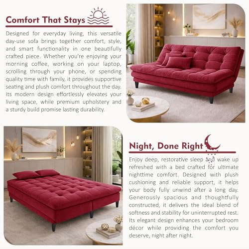 Image of Modern 3 Seater Sofa Cum Bed | Tufted Backrest | Velevt Fabric Upholstery | Living Room Furniture-Red
