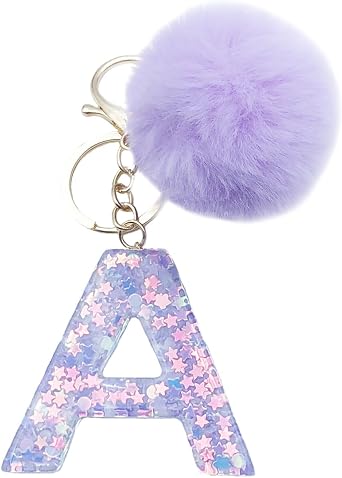Unpafcxddyig Initial Letter Resin Alphabet Key Rings with Fur Ball Pom pom keychains Purple for Purse Handbags Women