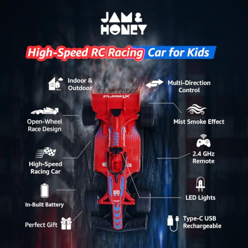 Image of Amazon Brand - Jam & Honey Formula F1 RC Racing Car for Kids | 2.4GHz Remote (100+ ft Range) | Mist Smoke Effect | LED Lights | Type-C Rechargeable | Multi-Direction Control | Red|4+ Years