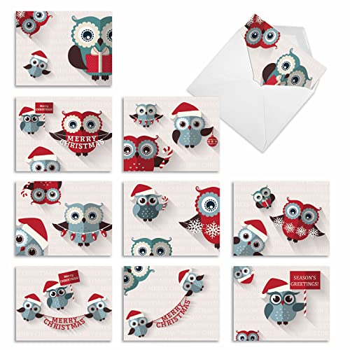 Image of The Best Card Company - 10 Blank Merry Christmas Note Cards (4 x 5.12 Inch) - Boxed Holiday Notecards with Envelopes - Happy Owlidays M3947