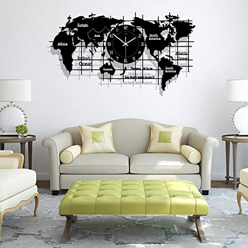 FCX-CLOCKUHR Kreative Acryl Wanduhr Weltkarte Große Weltkarte Uhr 3D Mute Hängende Uhr EuropäIsche Moderne Art Kreative Hauptwand Dekoration,Black,80x43cm Cover