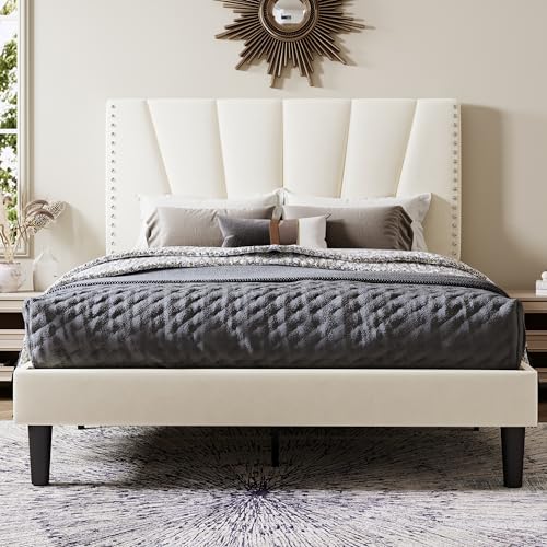 Image of Allewie Full Size Velvet Platform Bed Frame with Adjustable Headboard Cream | Height-Adjustable Velvet Headboard, Rivet-Style Nailhead Trim, Wooden Slat Support, No Box Spring Needed, Easy Assembly