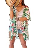 CATCHY & CRAFTY Swimsuit Coverup for Women Kimono Cardigan Beach Floral Boho Print Resort Wear Cruise Gift (White Green Tropical)