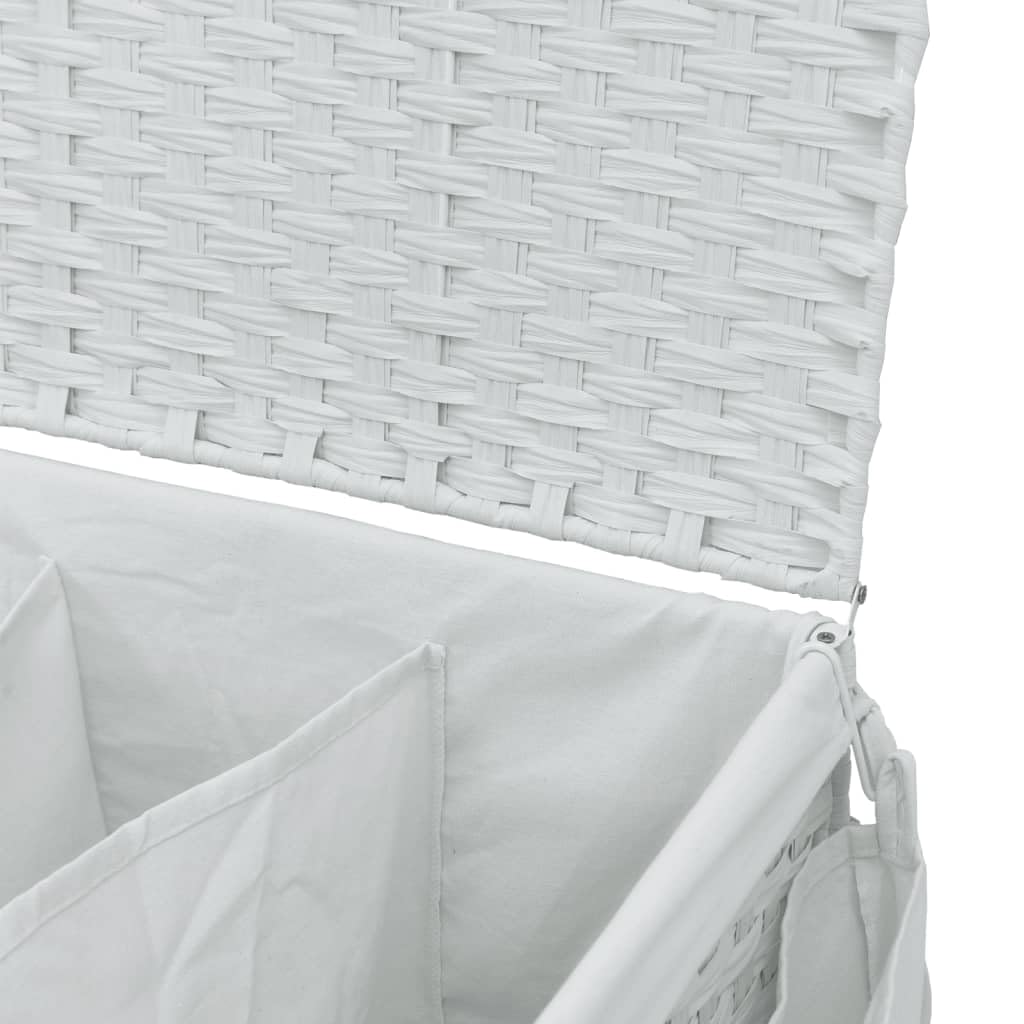 Kosz na pranie z rolkami, biały, 60 x 35 x 60,5 cm, rattan, 3 półki na pranie i kosz na pranie, z pokrywką, uchwytem, workiem wewnętrznym i hamulcem do pralni