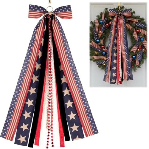 NUVCELKA Patriotic Bow for Wreath 4th of July Decorations, Large Red White Blue Bow with 8 Multi-Ribbon Streamers, 27.5" Memorial Day Veterans Day Front Door Decor