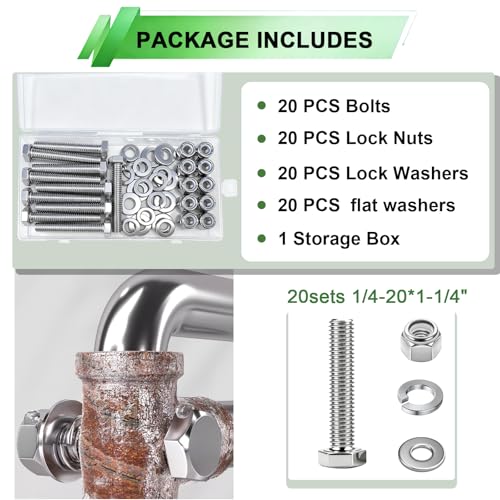 Image of 20 Sets 1 /4-20x1-1 /4 inch Stainless Steel Hex Head Screws Bolts, Nuts, Flat & Lock Washers,18-8(304) Full Thread