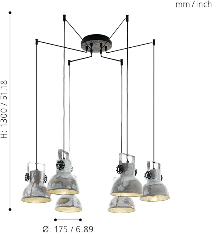 Eglo EGLO Hanglamp Barnstaple, 6 vlammige vintage hanglamp in industrieel design, retro hanglamp van staal in zink used-look, hout, kleur: bruin-patina, zwart, fitting: E27 photo 3