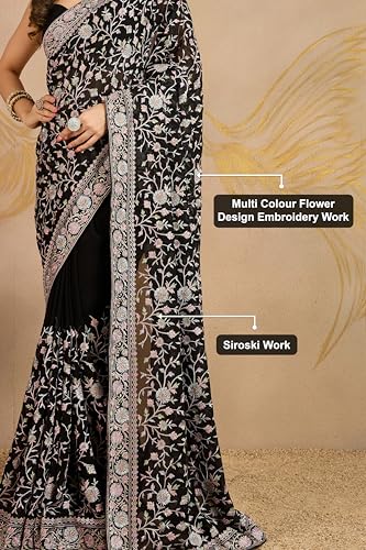 Image of TRENDMALLS Women's Georgette Multi Colour Resham Thread Embroidery with Siroski work Saree with Unstitched Blouse Piece
