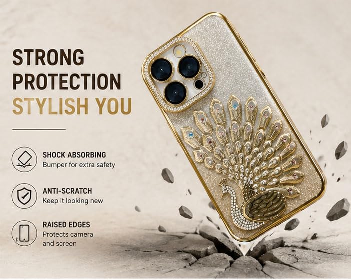 Image of mobistyle Designed for iPhone 16 Pro,3D Diamond Luxury Electroplate Glitter Peacock Tail Bling Design Camera Protection Shockproof Phone Back Cover Case for (Gold, iPhone 16 Pro)