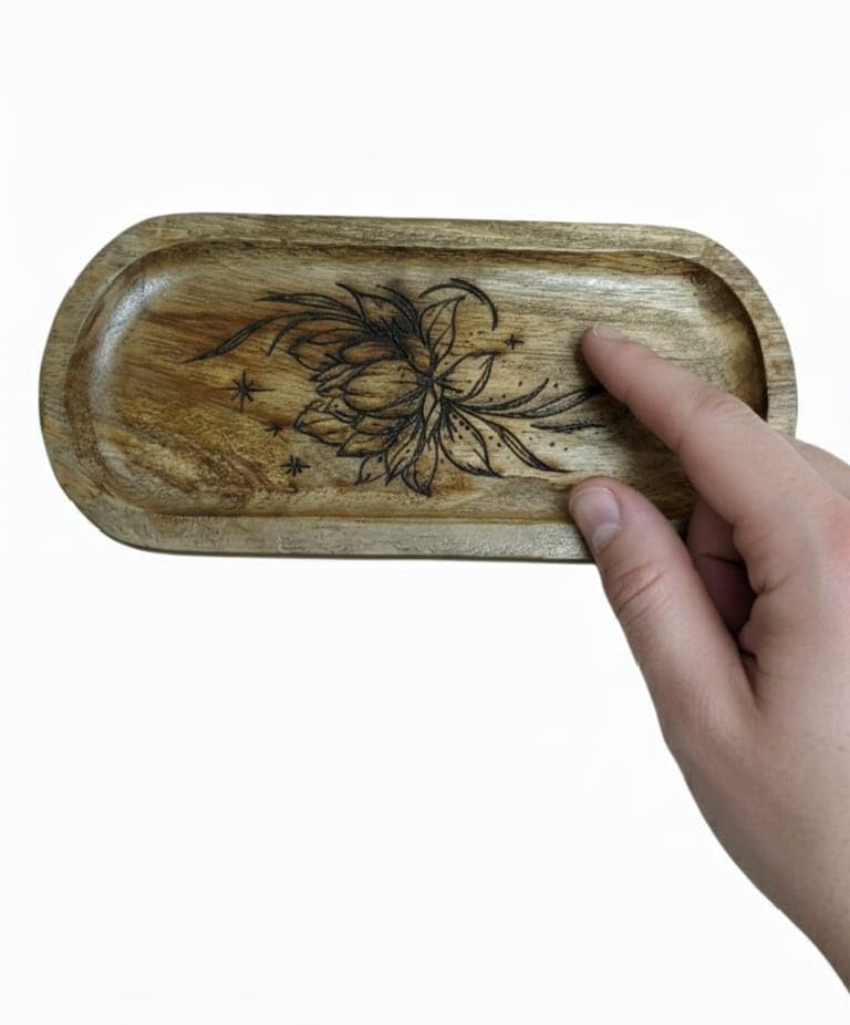Image of Wooden Jewelry Tray, Oval Shape, L x B x H = 10 x 5 x 0.5 Inch Floral Design, Natural Wood Finish, Organizer for Rings, Necklaces, Earrings And Snacks Serving (lotus 3)