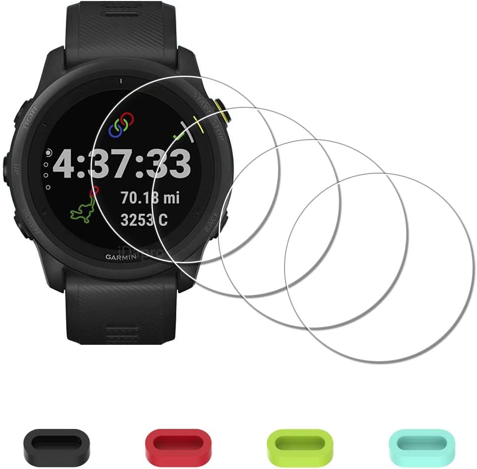 [4 Pack] Screen Protector for Garmin Forerunner 745 Running/Triathlon Smartwatch + Silicone Anti-dust Plugs, Tempered Glass Anti-Scratch Bubble-Free