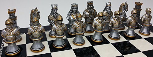 Medieval Times Crusades Knight Chess Set Gold & Silver Busts W/ 15" High Gloss Black & White Board #TOP6