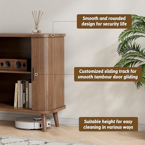 Image of BORNOON Buffet Cabinet with Storage, Curved-Edge Fluted Storage Cabinet Sideboard, Modern Walnut Sideboard Buffet with Adjustable Shelves & Sliding Door for Dining Room, Kitchen, Entryway