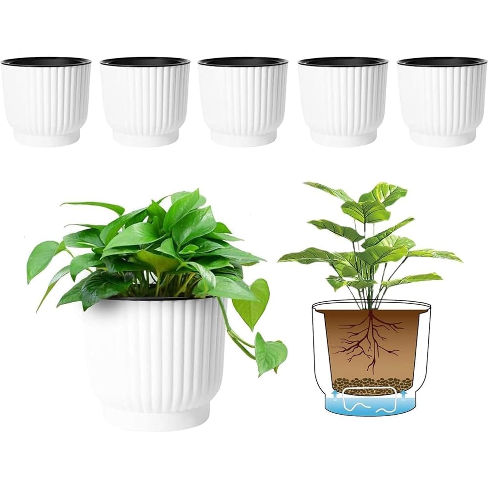 T4U 10cm Self Watering Plant Pots Indoor, 6 Pack Small Indoor Plant Pot, White Plastic Flower Pots