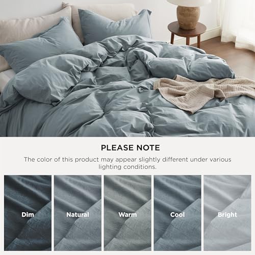 Bedsure 100% Washed Cotton Duvet Cover Queen Size - Dusty Blue Minimalist Cotton Bedding Linen Like for All Seasons - GentleSoft™ Plain Simple Duvet Cover, 3 Pieces (Dusty Blue, Queen, 90"x90")