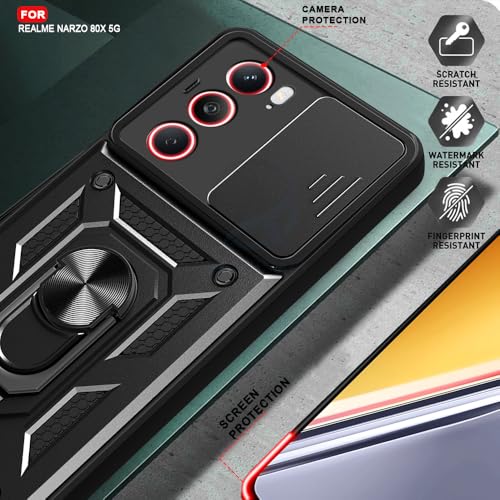 Image of AESTMO Tough Armor Realme Narzo 80X 5G Bumper Back Case Cover | Ring Holder & Sliding Camera Shield Cover | 360 Degree Protection Back Case Cover for Realme Narzo 80X 5G (Black)