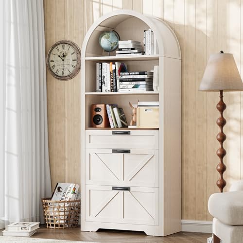 Image of Vabches 71 inch Tall Arched Bookcase with File Cabinet Drawer, Farmhouse Freestanding Wooden Bookshelf, 3-Tier Large Open Display Storage Shelves for Home Office Living Room, Rustic White