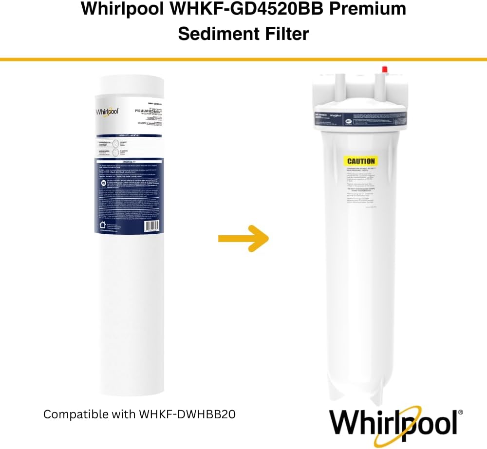 Whirlpool 20" x 4.5" Large Whole House Sediment Filter WHKF-GD4520BB, NSF Certified 25 Micron Filtration, 6-Month Life, Replacement Cartridge Fits Most 20-Inch Home Water Filter Housings