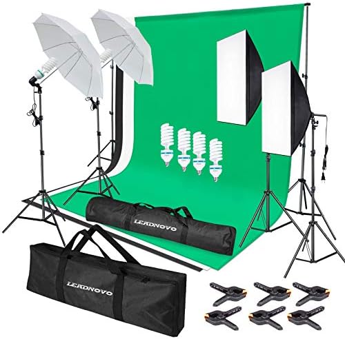 Photography Softbox Lighting Kit, 6.5 x 10ft Backdrop Stand System and E27 135W 5500K CFL Bulbs Softbox and Umbrellas Continuous Photo Lighting with Green/White/Black Backgrounds