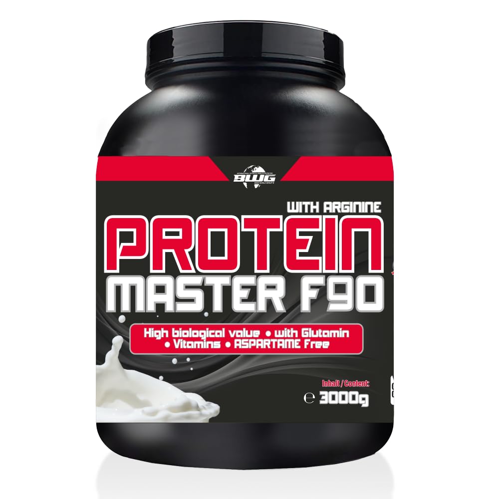 BWG Protein Master F90, Eiweißshake mit BCAA`S und Glutamin, Muskelaufbauphase, Deluxe Proteinshake Strawberry, Dose mit Dosierlöffel, Muscle Line, 1er Pack (1 x 3000g)