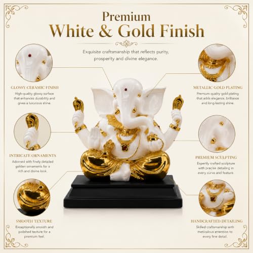 Image of Premium Lord Ganesha Statue - White & Gold Ceramic Ganpati Idol - Luxury Hindu God Figurine for Home Decor, Pooja Mandir, Office, and Auspicious Gifting