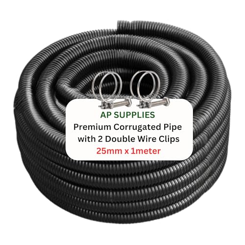 AP Supplies 1meter x 25mm Flexible Pond Hose Corrugated Pipe with 2 Clips