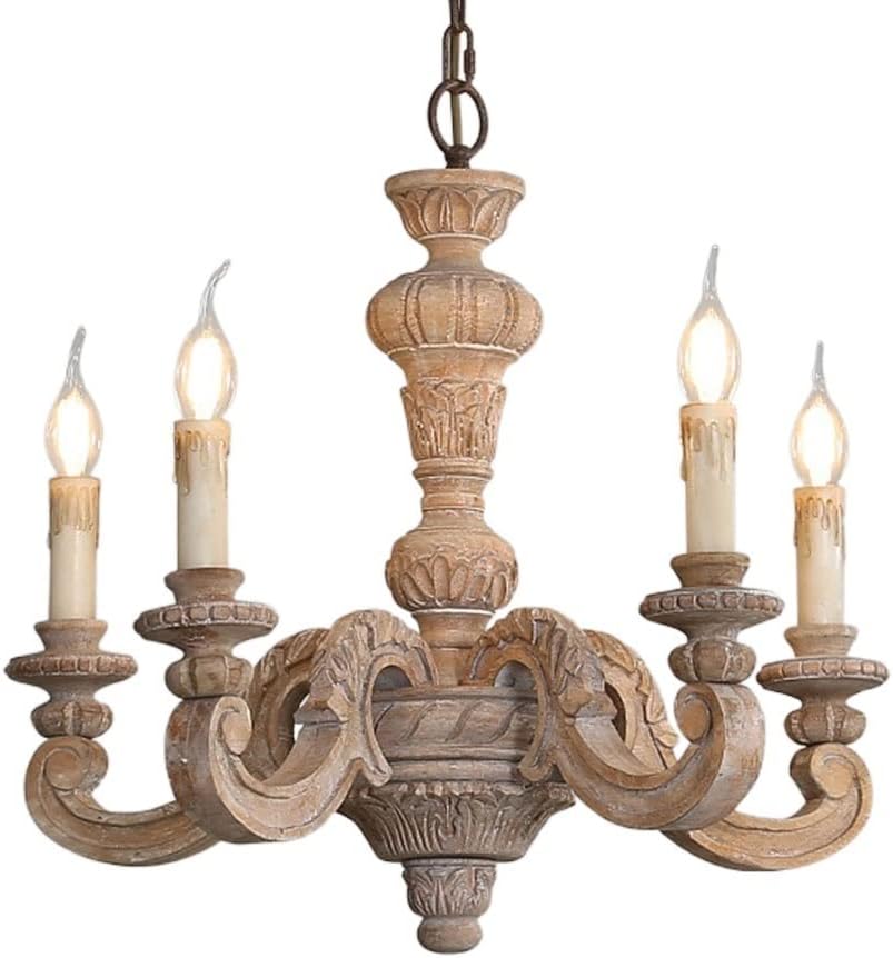 Ceiling Pendant Light, French V-intage Adjustable Chandeliers, Wood Art Carving Candle-Style Hanging Light for Living Room Hallway Dining Room Kitchen Bedroom Pendant Lamp (Color : White)
