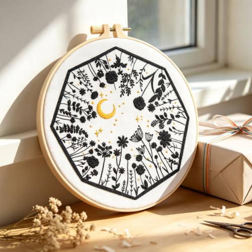 Image of Mystical Embroidery Kits for Beginners Adults, Moon Wild Flowers Embroidery Starter Kit, Floral Stamped Cross Stitch Kits Needlepoint Kits for Beginners Adults, Embroidery Hoop, Thread, Video Tutorial