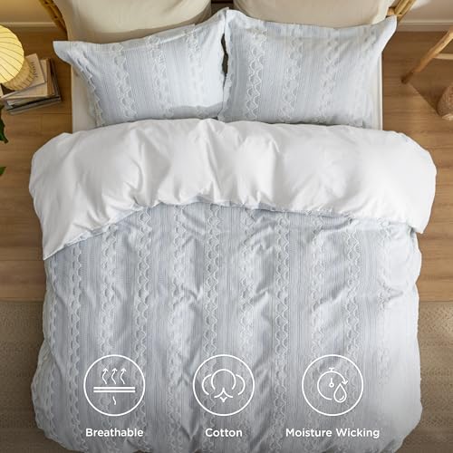 Image of Bedsure Sky Blue Queen Size Comforter Set - Soft Cotton Bedding Set for All Seasons, Stripe Fluffy Bed Set 3 Pieces with 1 Waffle Weave Comforter Queen Size and 2 Pillow Shams