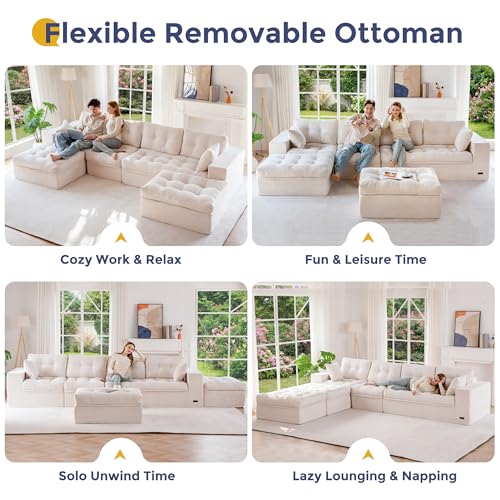Image of MAXYOYO 132 inch U Shaped Modular Sectional Sofa with 2 Ottomans, Cloud Boneless Couch with Layered Cushion, Flexible Module Combination Sofa for Living Room, No Assembly Required, Beige