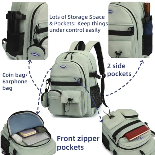 Leaper School Laptop Backpack for Women: Water Resistant Travel Backpack with Water Bottle Pocket - Laptop Bag for College Work - Lightweight Bookbag for Kids Girls Boys Green4