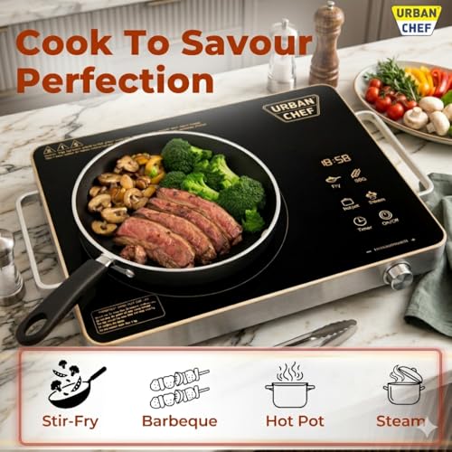 Image of Urban Chef Infrared Cooktop, 2000W Portable Electric Stove, Touch Panel, Fast Heating, Silver and Black, for Home and Travel