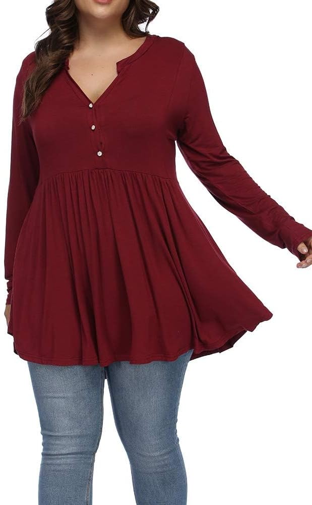Plus Size Tops for Women Curvy Fall Long Sleeve Dressy Tops Button V Neck Henley Shirts Casual Flowy Tunic Blouses - Image 3