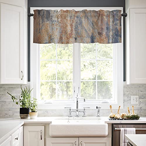 Brown Blue Curtain Valances For Windows Treatment Tier Curtains, Vintage Farmhouse Shabby Wall Abstract Art Curtain Short Valance Curtain Rod Pocket Curtains For Kitchen Living Room, 54X18 In #TOP1